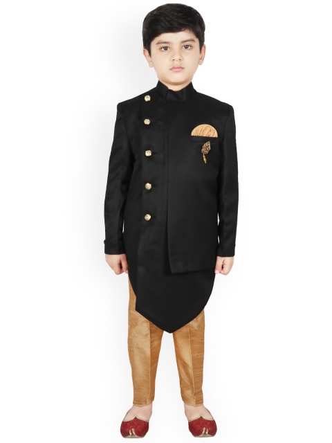 

SG YUVRAJ Boys Black & Brown Silk Woven Design Sherwani Set