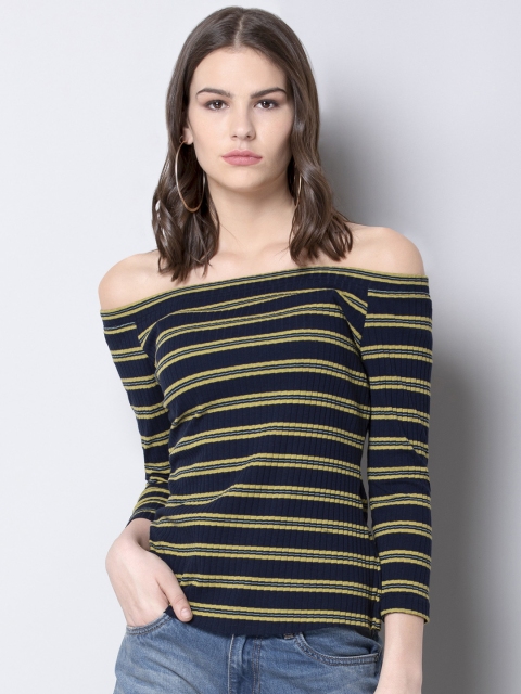 

FabAlley Women Blue & Yellow Striped Bardot Top