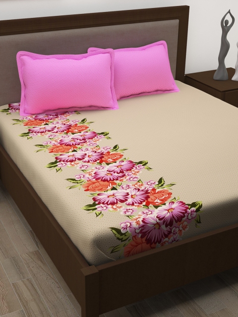 

Story@home Cream-Coloured & Pink 186 TC Cotton 1 Queen Bedsheet with 2 Pillow Covers