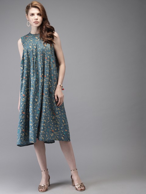 

Moda Rapido Women Teal Blue & Golden Floral Printed A-Line Dress