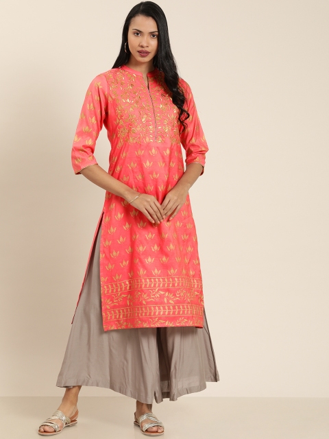 

Moda Rapido Women Pink & Gold-Toned Printed Straight Kurta With Yoke Embroidery