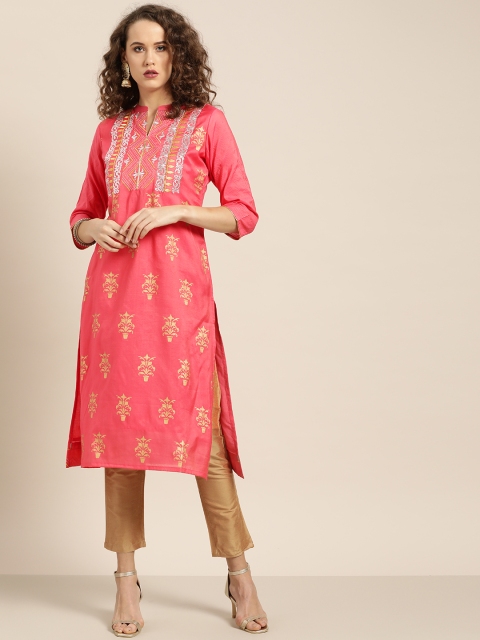 

Moda Rapido Women Pink & Golden Printed Straight Kurta