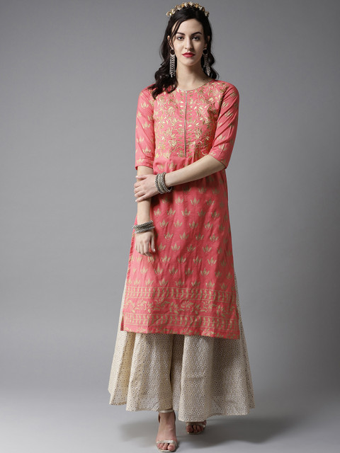 

Moda Rapido Women Pink & Golden Printed Straight Kurta