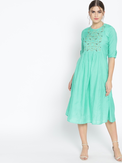 

Moda Rapido Wome Sea Green & Golden Embroidered Detail A-Line Dress