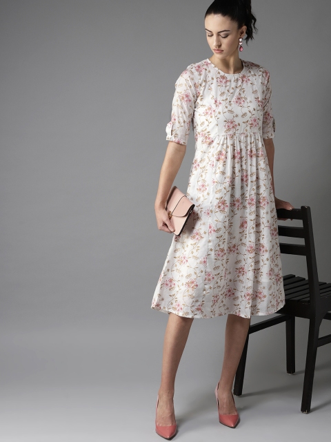 

Moda Rapido Women White & Pink Floral Printed A-Line Dress