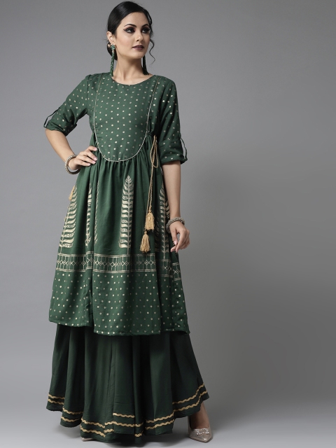 

Moda Rapido Women Green & Golden Printed A-Line Kurta