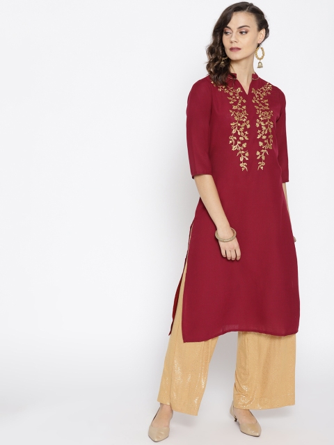 

Moda Rapido Women Maroon & Golden Yoke Design Straight Kurta