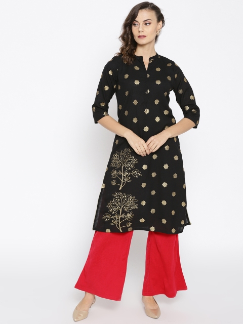 

Moda Rapido Women Black & Golden Printed Straight Kurta