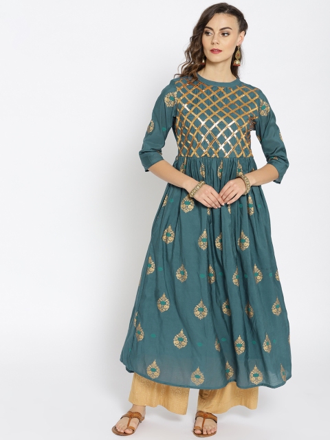 

Moda Rapido Women Green & Golden Printed A-Line Kurta