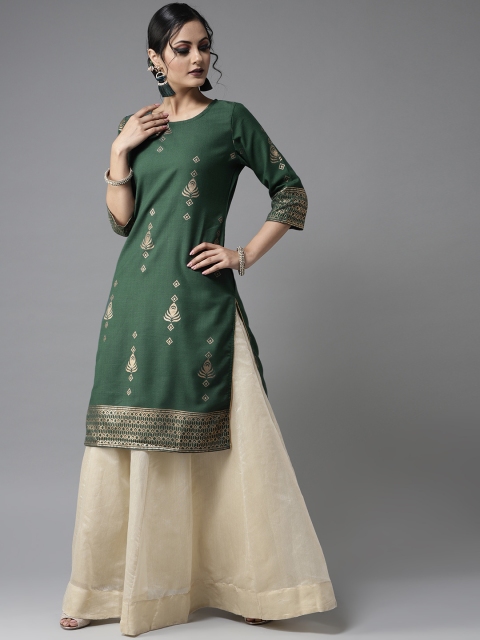 

Moda Rapido Women Green & Golden Printed Straight Kurta