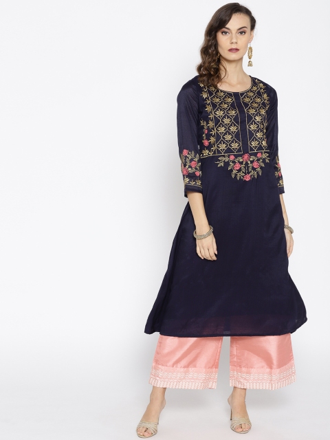 

Moda Rapido Women Navy Blue & Golden Yoke Design A-Line Kurta