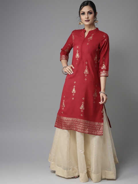 

Moda Rapido Women Maroon & Golden Printed Straight Kurta