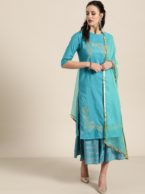 

Moda Rapido Women Blue & Pink Yoke Design Kurta with Skirt & Dupatta