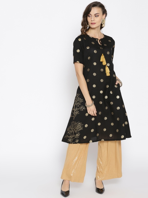 

Moda Rapido Women Black & Golden Printed A-Line Kurta