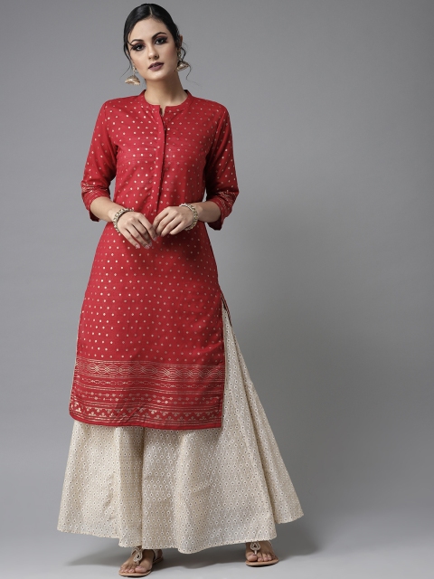 

Moda Rapido Women Maroon & Golden Printed Straight Kurta