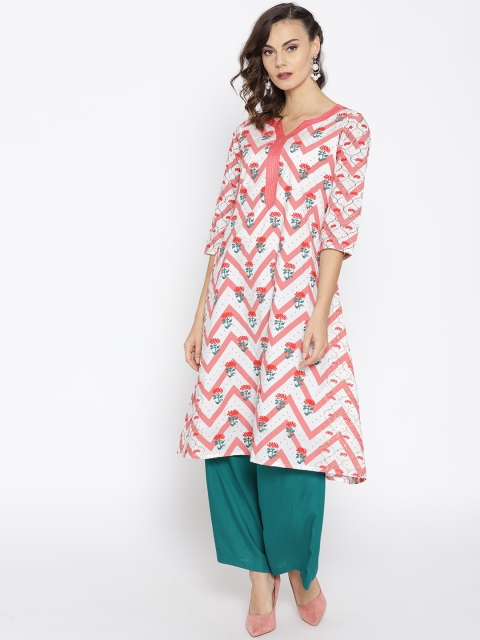 

Moda Rapido Women White & Pink Printed A-Line Kurta