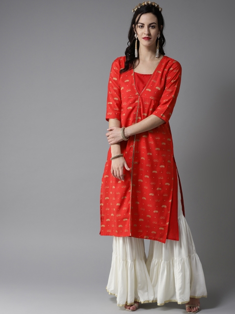 

Moda Rapido Women Red & Golden Printed Layered Straight Kurta