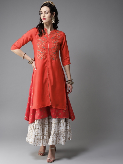 

Moda Rapido Women Coral Red & Golden Yoke Design Layered A-Line Kurta