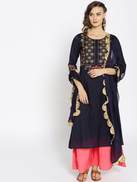 

Moda Rapido Women Navy Blue & Coral Pink Yoke Design Kurta with Palazzos & Dupatta