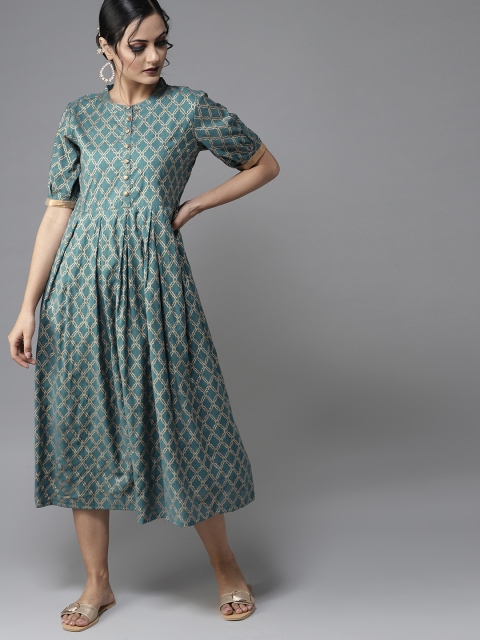 

Moda Rapido Women Teal Blue & Golden Printed A-Line Dress