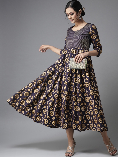 

Moda Rapido Women Navy Blue & Golden Floral Printed A-Line Dress