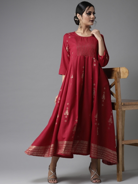 

Moda Rapido Women Maroon & Golden Printed Maxi Dress