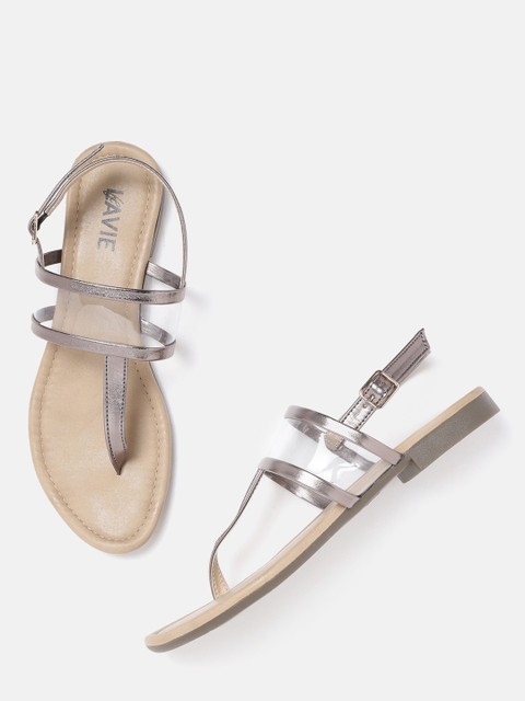 

Lavie Women Gunmetal-Toned & Transparent Solid T-Strap Flats, Metallic