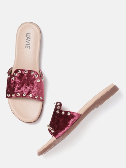 

Lavie Women Burgundy Velvet Finish Open Toe Flats with Studded Detail