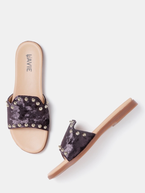 

Lavie Women Aubergine Solid Open Toe Flats with Studded Detail, Purple
