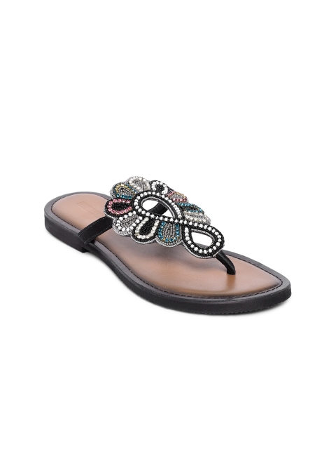 

TRENDS & TRADES Women Black Embellished Leather Open Toe Flats