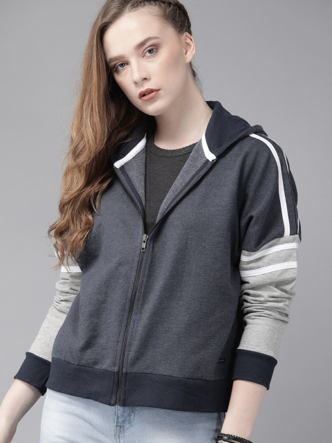 

Roadster Women Navy Blue & Grey Solid Hooded Sweatshirt