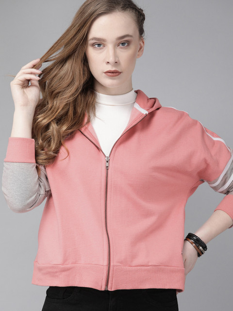 

Roadster Women Coral Pink & Grey Solid Hooded Sweatshirt