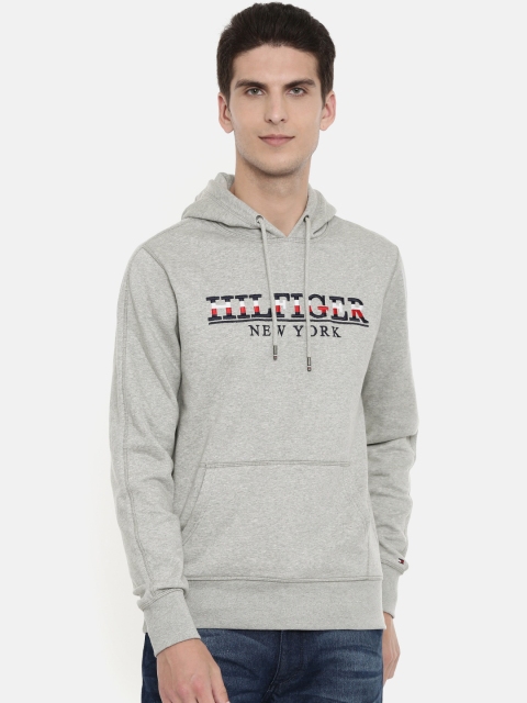 Men Grey Melange Embroidered Hooded Sweatshirt