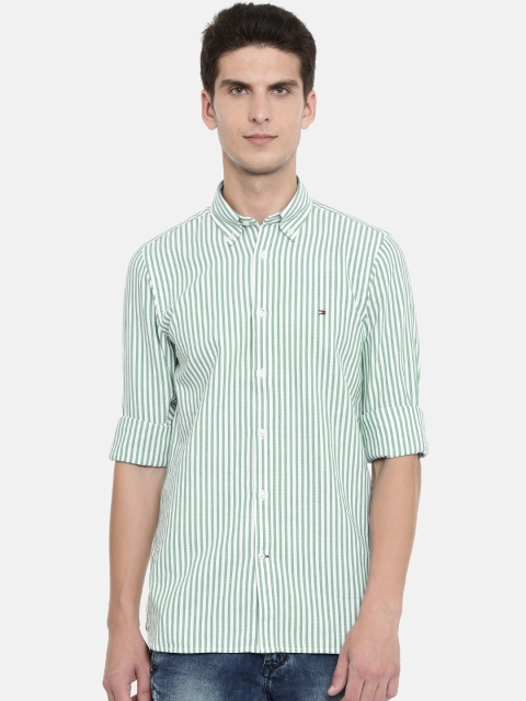 

Tommy Hilfiger Men Green & White Slim Fit Striped Casual Shirt