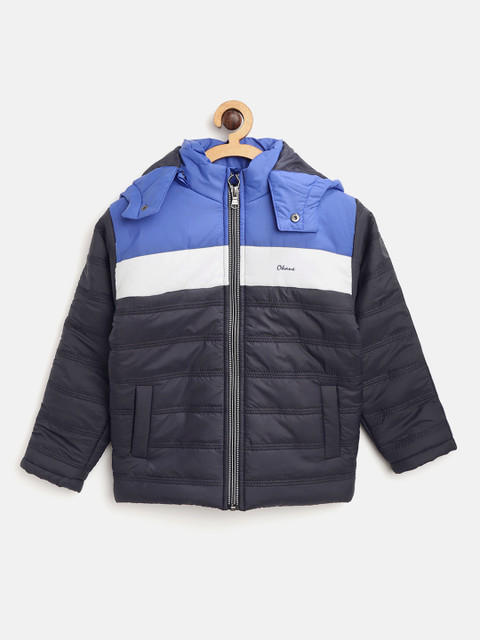 

Okane Boys Navy Blue & White Colourblocked Padded Jacket with Detachable Hood