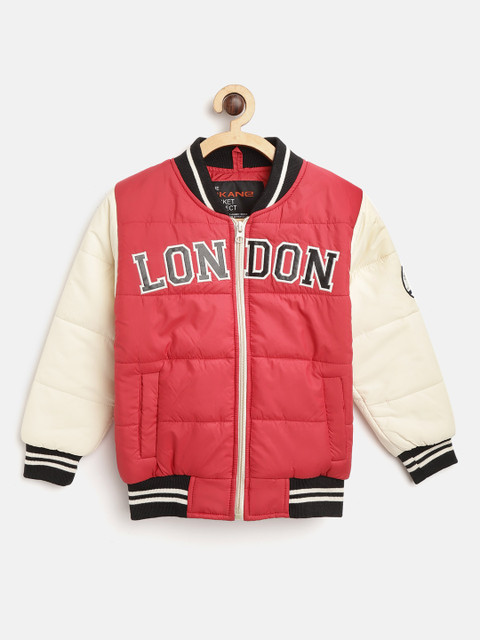 

Okane Boys Red Solid Bomber Jacket with Applique Detail