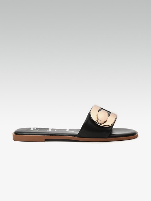 

ELLE Women Black & Gold-Toned Solid Open Toe Flats