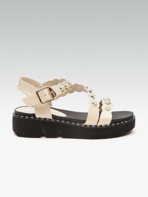 

ELLE Women Beige & Off-White Embellished Flatforms