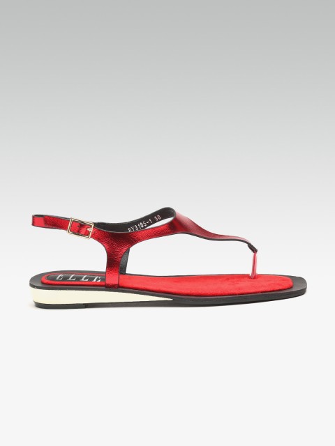 

ELLE Women Red Sheen Effect T-Strap Flats