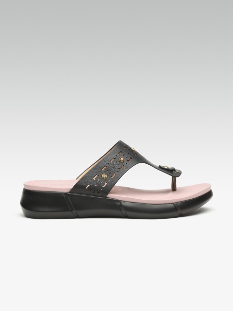 

ELLE Women Black Laser Cut T-Strap Comfort Heels