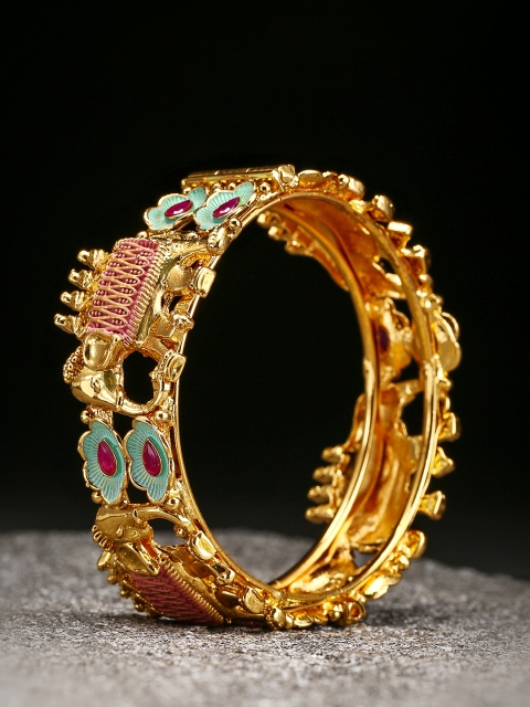 

Priyaasi Mint Green & Pink Gold-Plated Stone-Studded Handcrafted Elephant Shaped Bangle