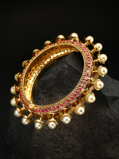 

Priyaasi Pink & Off-White Gold-Plated Stone Studded & Beaded Handcrafted Bangle