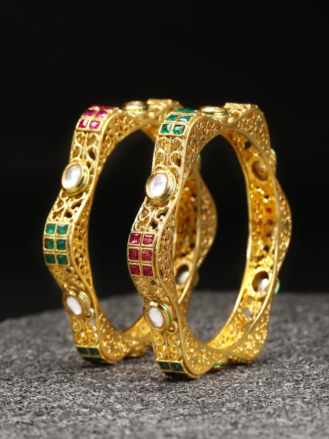 

Priyaasi Set of 2 Green & Pink Gold-Plated Kundan-Studded Handcrafted Bangles