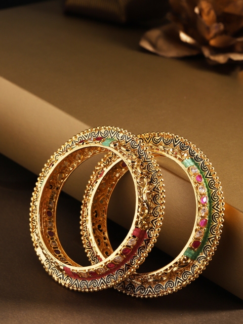 

Priyaasi Set of 2 Pink Gold-Plated Stone Studded Hand Painted Bangles