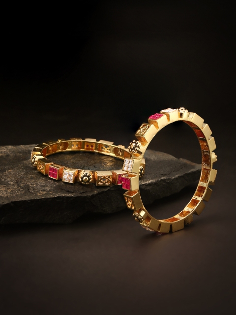 

Priyaasi Set of 2 Pink & Black Gold-Plated Stone-Studded Handcrafted Bangles