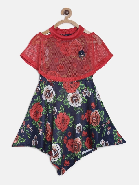 

Tiny Girl Girls Printed Navy Blue & Red Floral Print Fit and Flare Dress