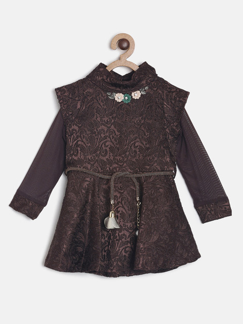 

Tiny Girl Coffee Brown Self Design Fit and Flare Dress