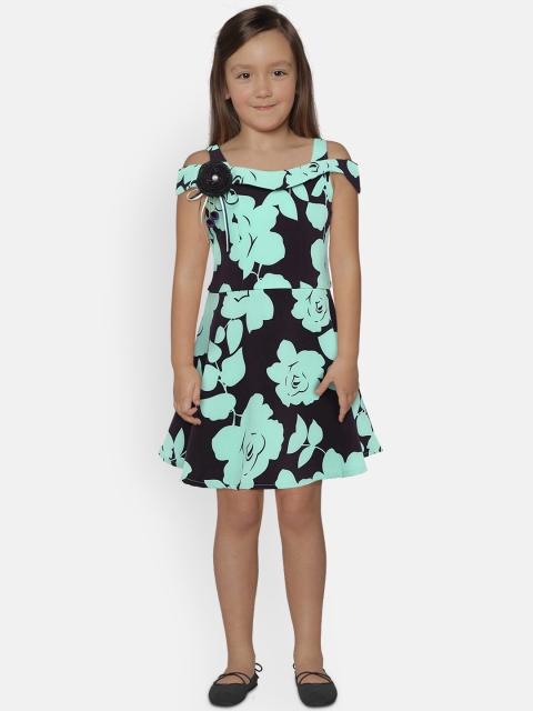 

Tiny Girl Girls Green & Navy Blue Floral Printed Fit and Flare Dress