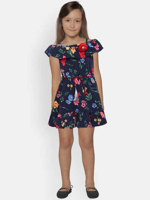 

Tiny Girl Girls Navy Blue Floral Printed Fit and Flare Dress