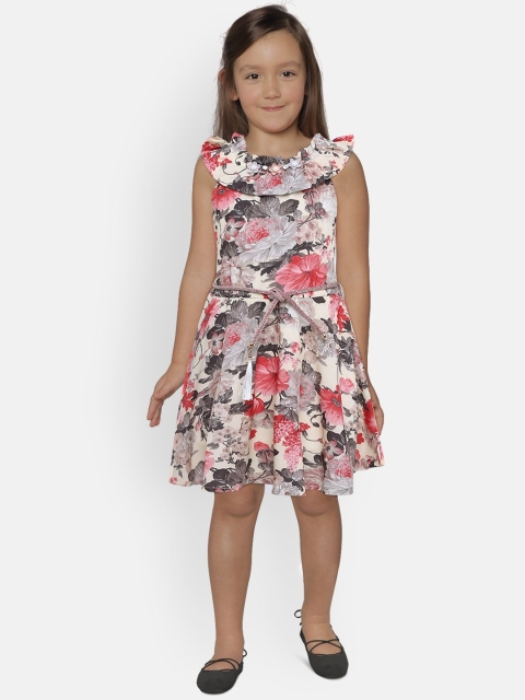 

Tiny Girl Cream-Coloured & Pink Printed Fit & Flare Dress